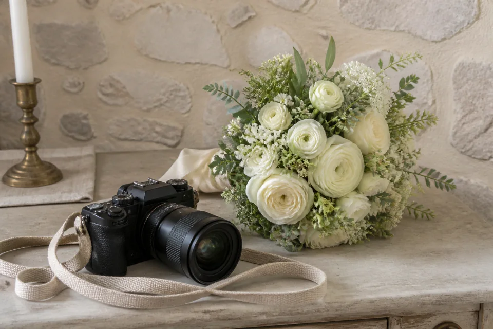 Appareil photo et accessoires de reportage de mariage — illustration générée par IA
