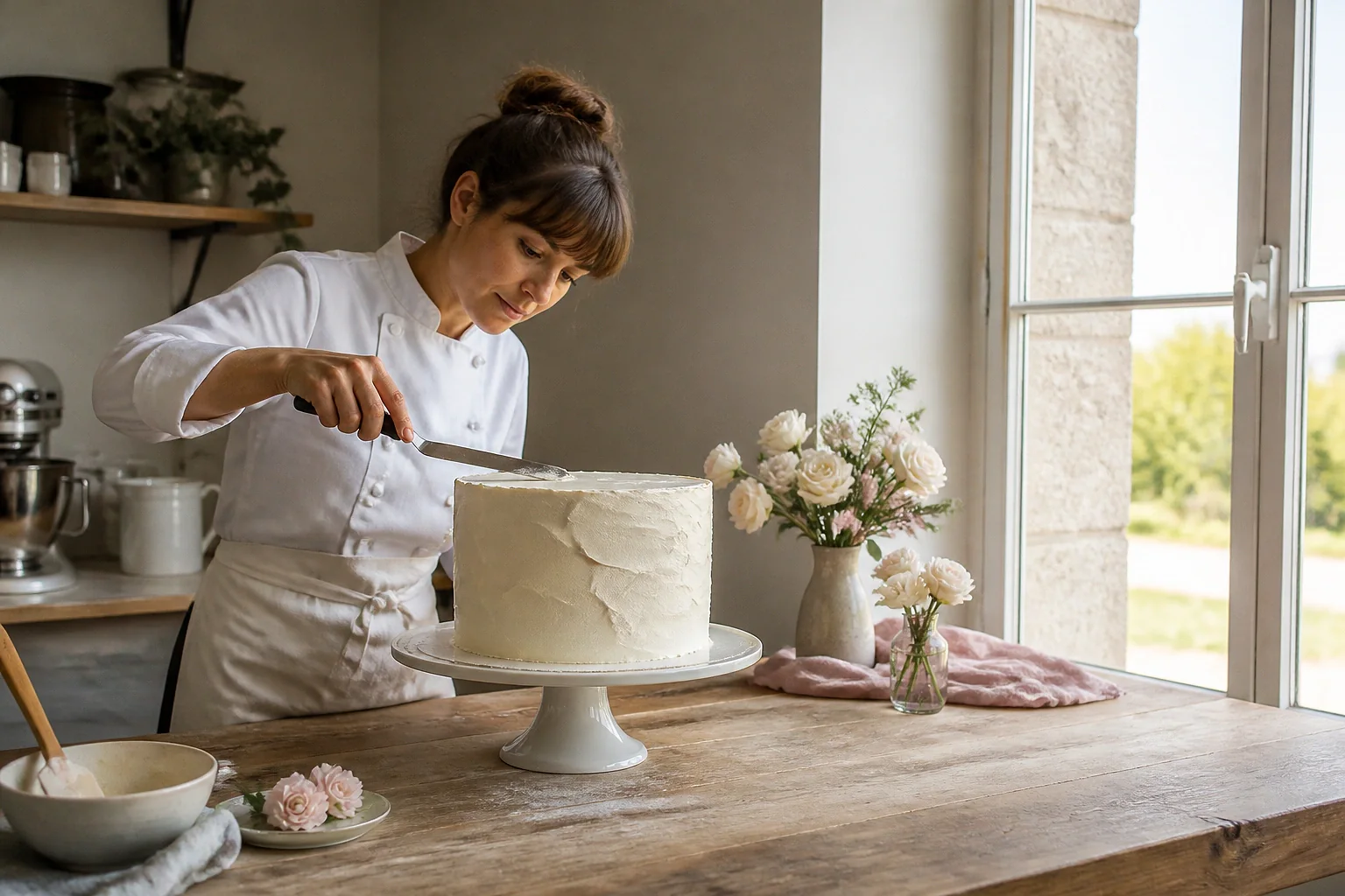 Gâteau de mariage préparé dans un atelier — illustration générée par IA