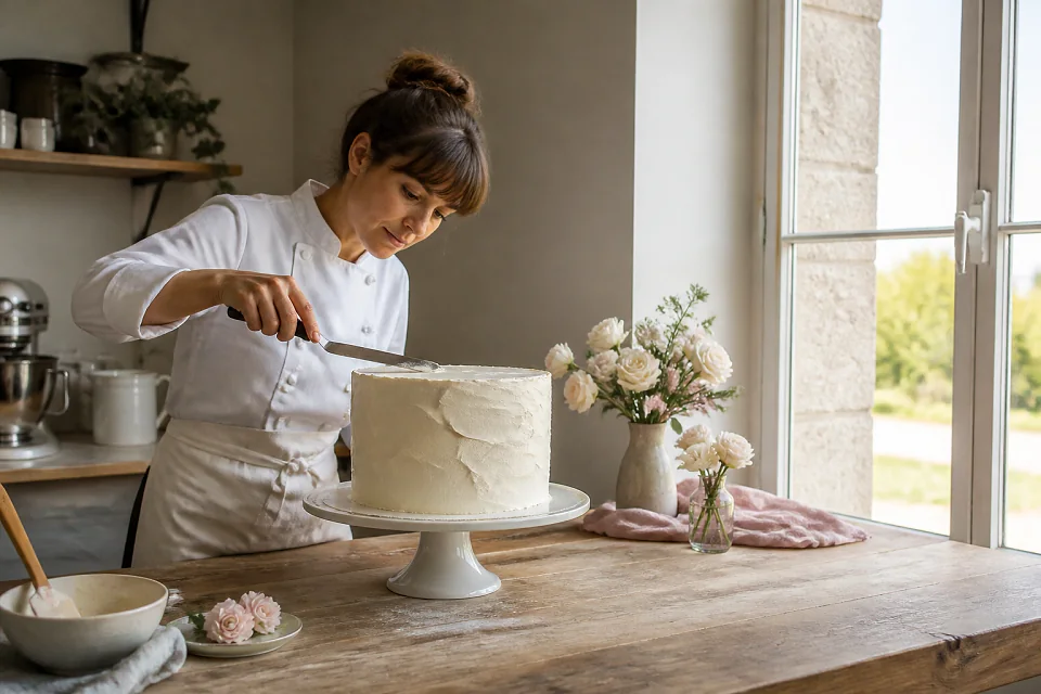 Gâteau de mariage préparé dans un atelier — illustration générée par IA