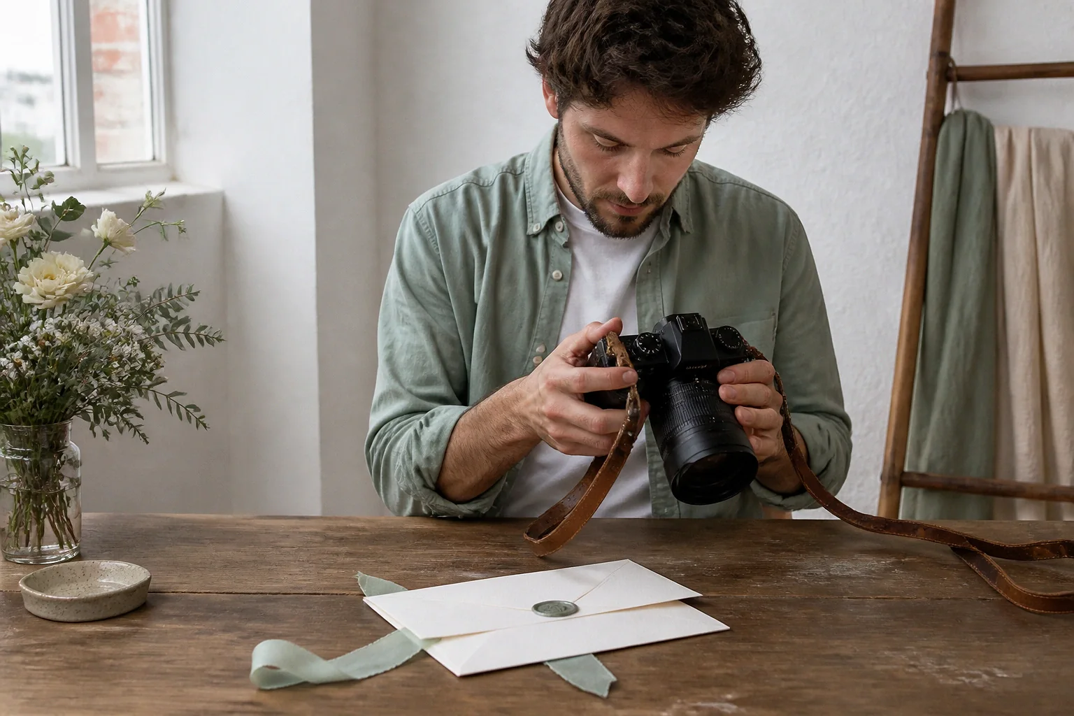 Appareil photo et accessoires de reportage de mariage — illustration générée par IA