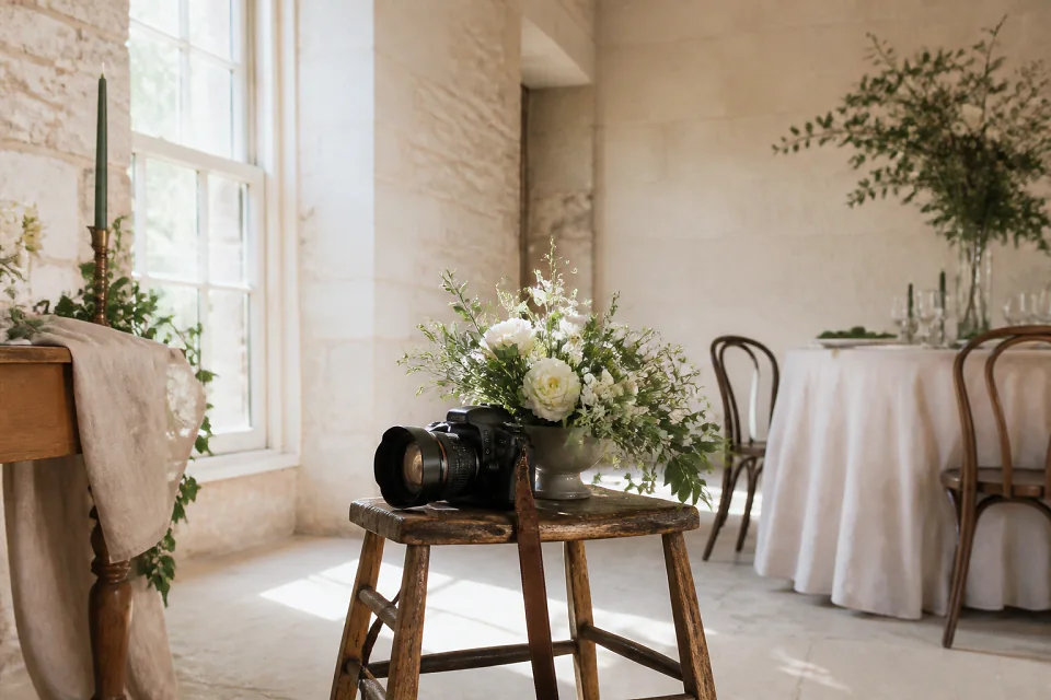 Appareil photo et accessoires de reportage de mariage — illustration générée par IA