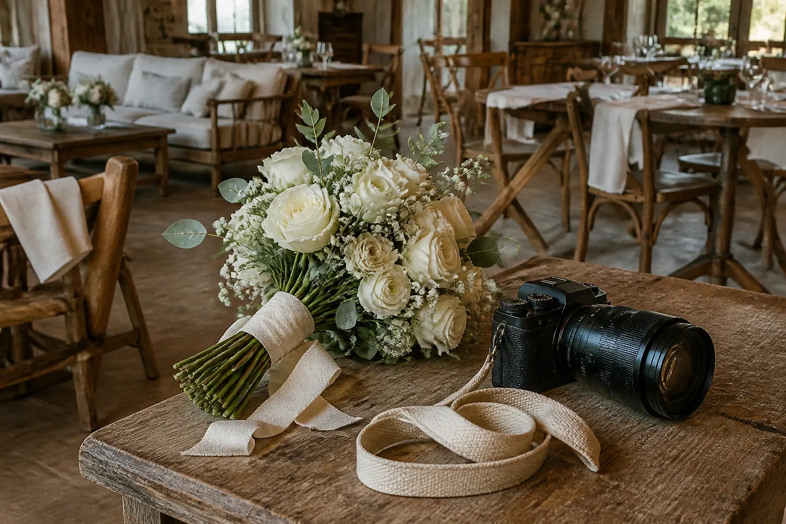 Appareil photo et accessoires de reportage de mariage — illustration générée par IA