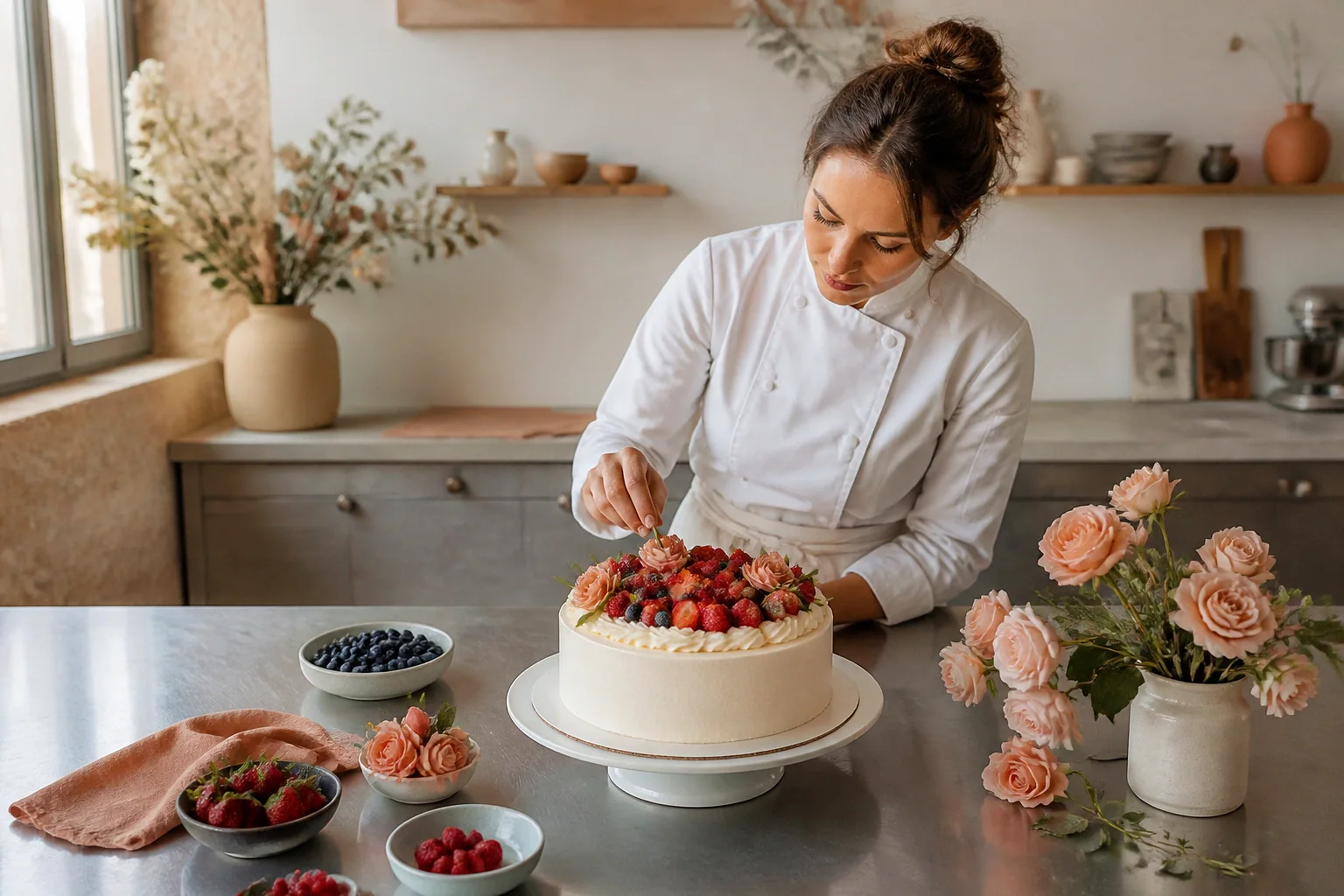 Gâteau de mariage préparé dans un atelier — illustration générée par IA