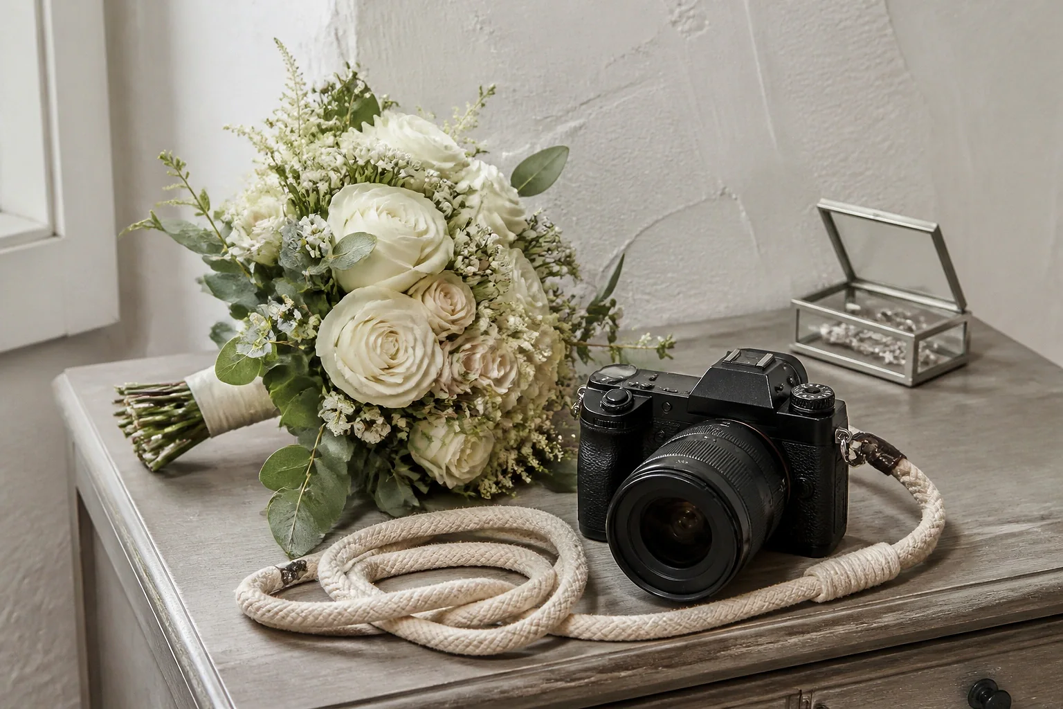Appareil photo et accessoires de reportage de mariage — illustration générée par IA