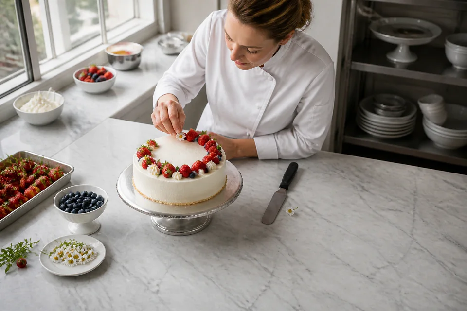 Gâteau de mariage préparé dans un atelier — illustration générée par IA