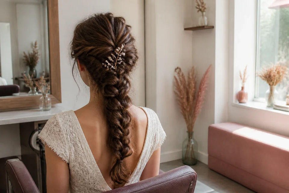Coiffure de cérémonie vue pendant la préparation — illustration générée par IA