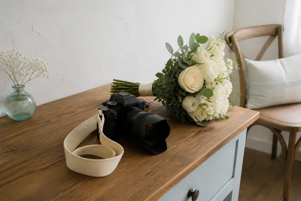 Appareil photo et accessoires de reportage de mariage — illustration générée par IA