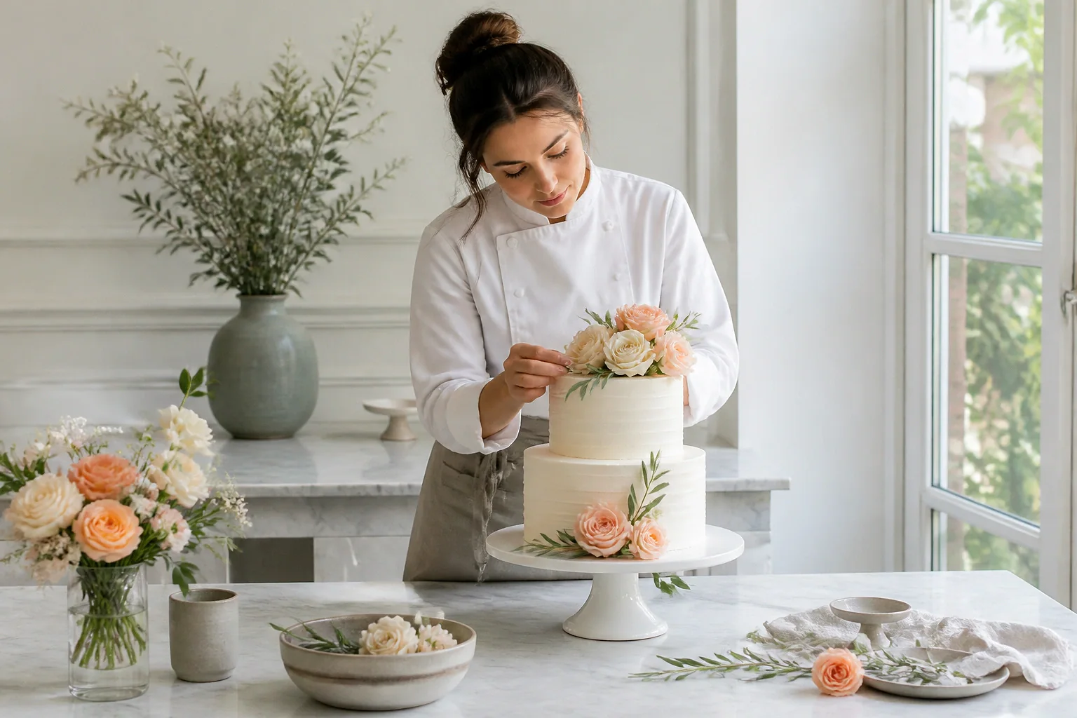 Gâteau de mariage préparé dans un atelier — illustration générée par IA