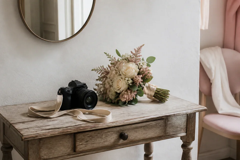 Appareil photo et accessoires de reportage de mariage — illustration générée par IA