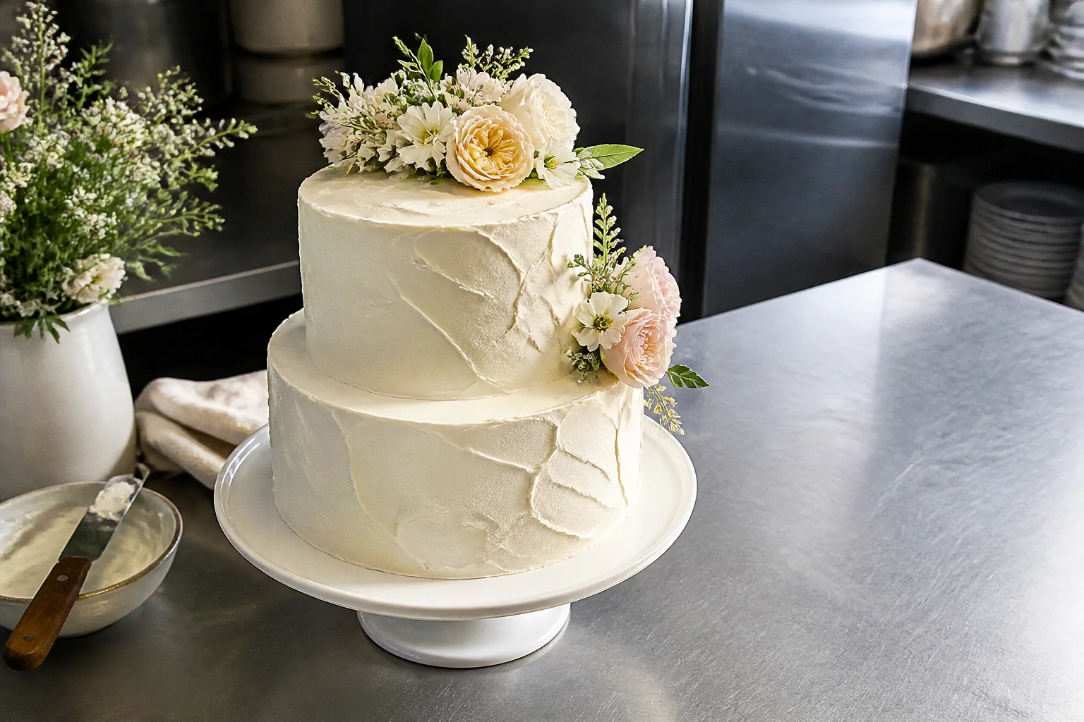 Gâteau de mariage préparé dans un atelier — illustration générée par IA