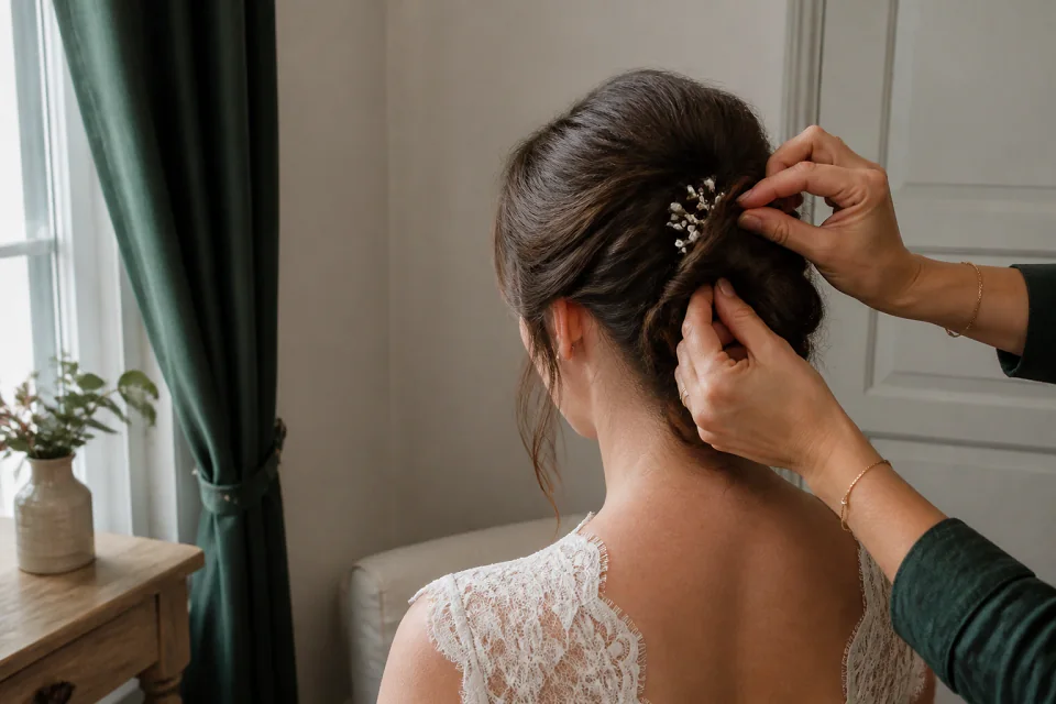Coiffure de cérémonie vue pendant la préparation — illustration générée par IA