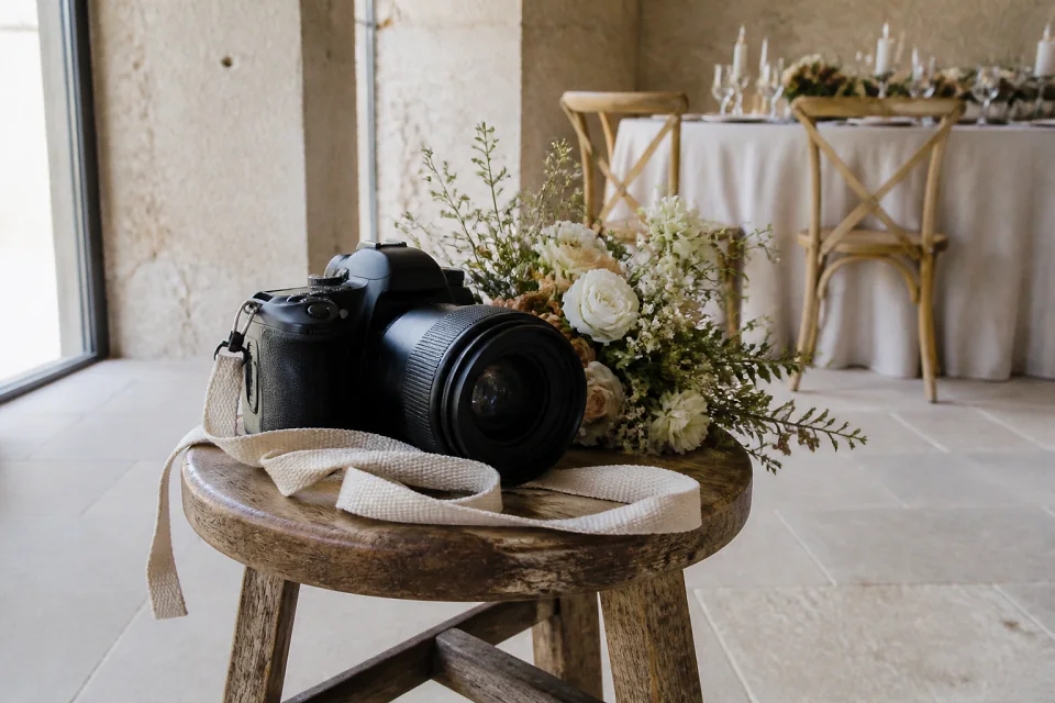 Appareil photo et accessoires de reportage de mariage — illustration générée par IA