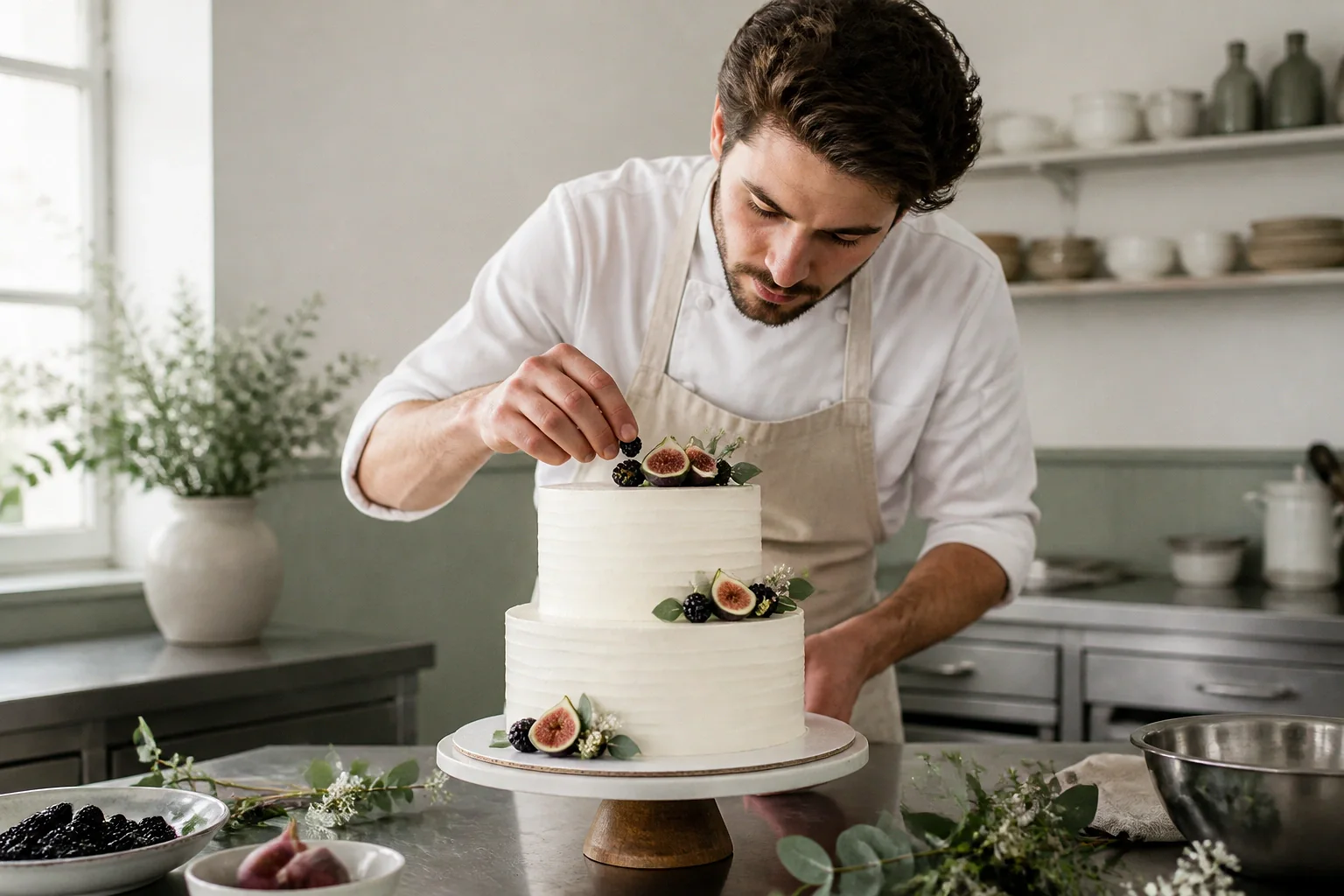 Gâteau de mariage préparé dans un atelier — illustration générée par IA