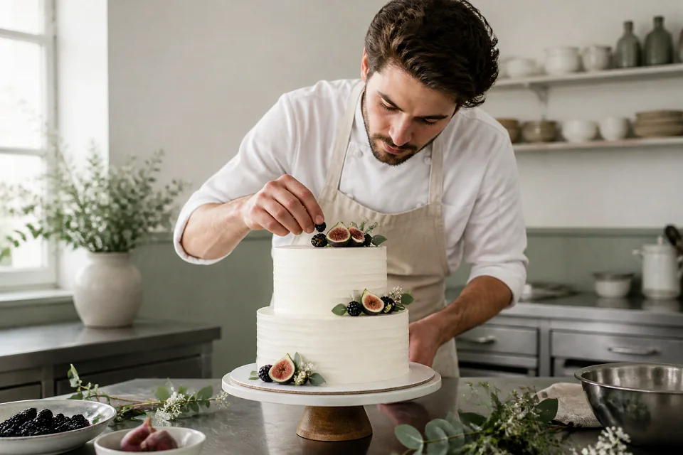 Gâteau de mariage préparé dans un atelier — illustration générée par IA