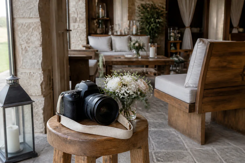 Appareil photo et accessoires de reportage de mariage — illustration générée par IA
