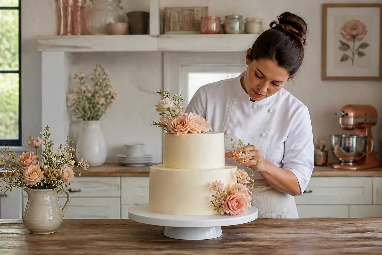 Gâteau de mariage préparé dans un atelier — illustration générée par IA
