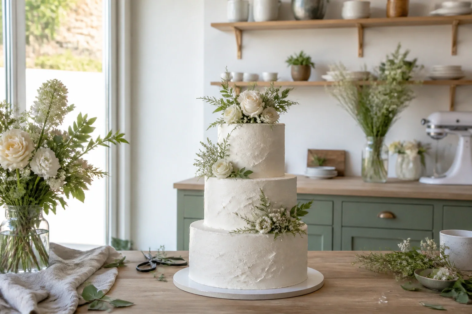 Gâteau de mariage préparé dans un atelier — illustration générée par IA