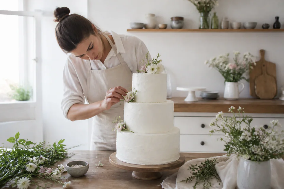 Gâteau de mariage préparé dans un atelier — illustration générée par IA