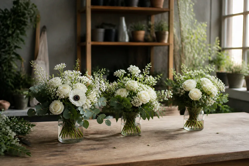 Préparation florale pour un mariage — illustration générée par IA