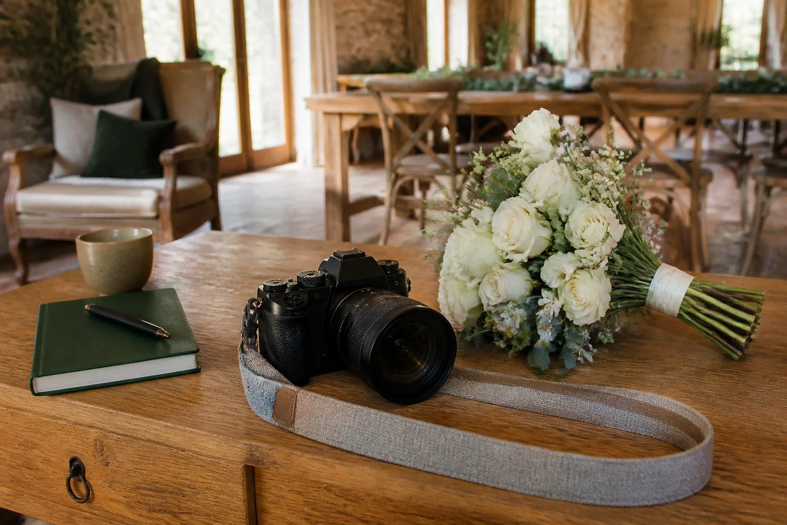 Appareil photo et accessoires de reportage de mariage — illustration générée par IA