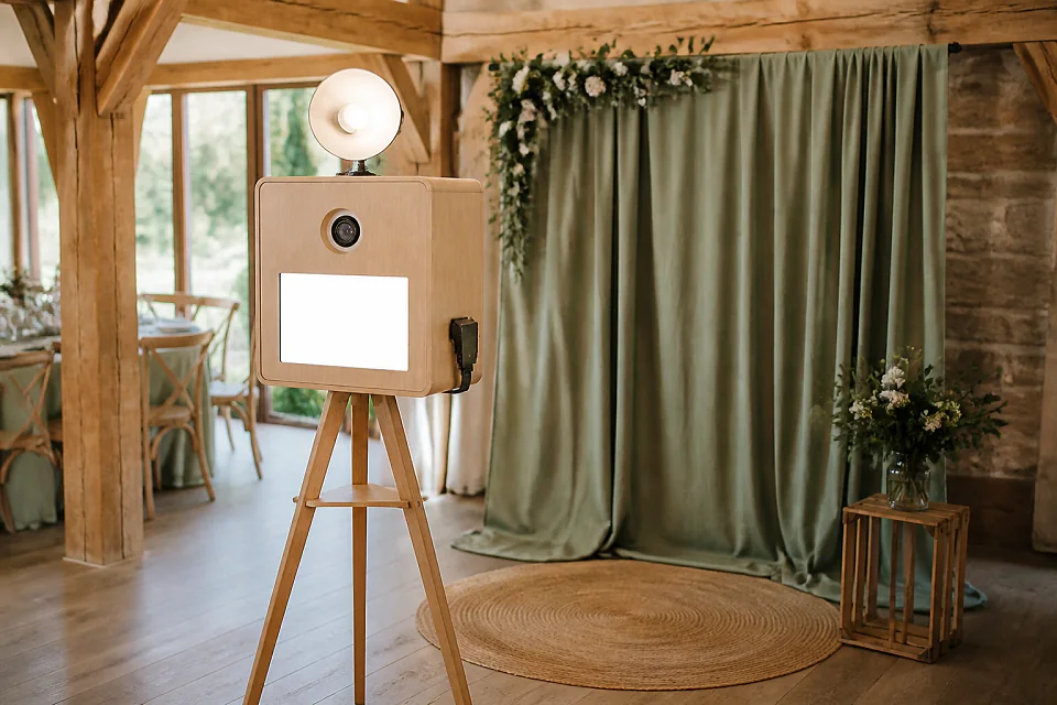 Borne photo installée pour une réception de mariage — illustration générée par IA