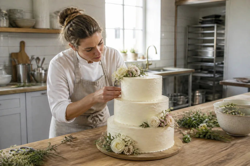 Gâteau de mariage préparé dans un atelier — illustration générée par IA
