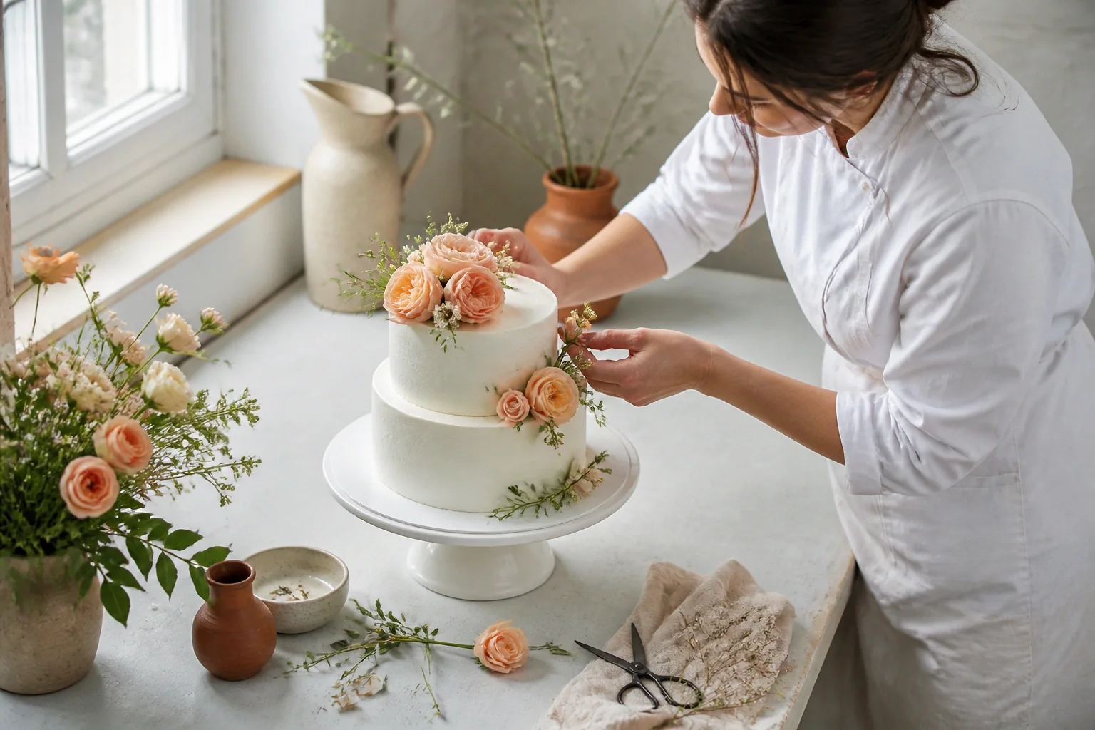 Gâteau de mariage préparé dans un atelier — illustration générée par IA