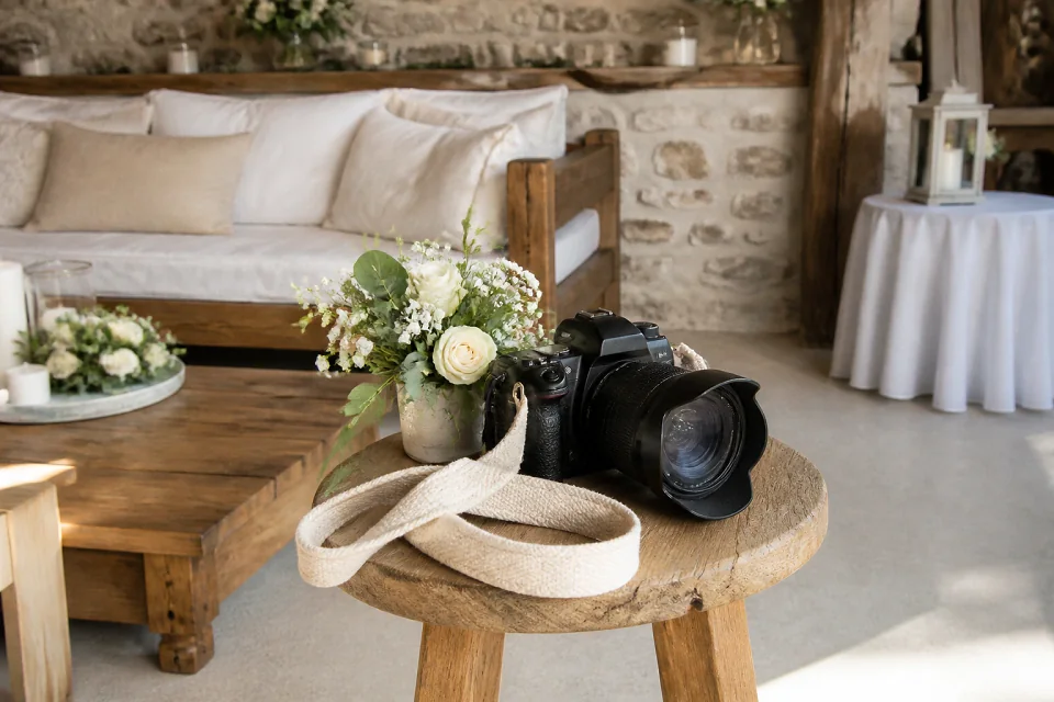 Appareil photo et accessoires de reportage de mariage — illustration générée par IA