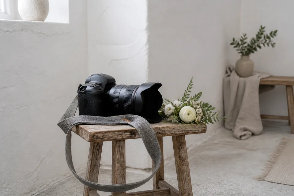 Appareil photo et accessoires de reportage de mariage — illustration générée par IA
