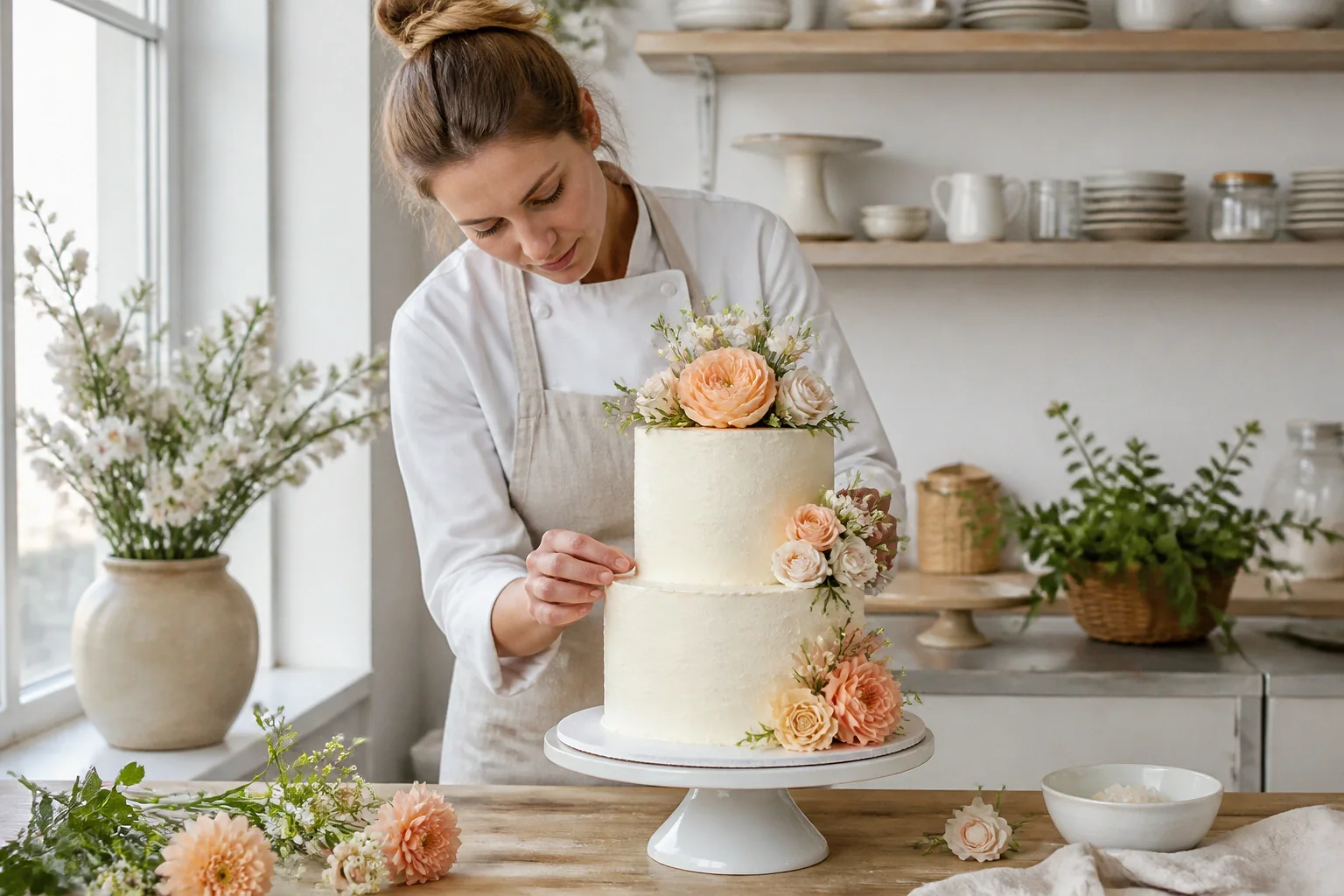 Gâteau de mariage préparé dans un atelier — illustration générée par IA