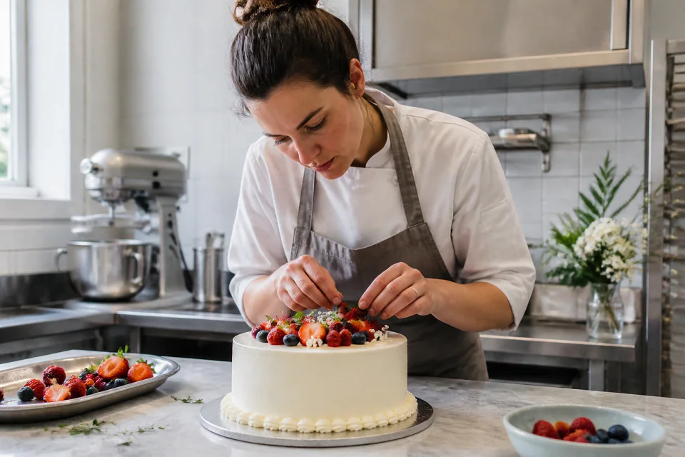 Gâteau de mariage préparé dans un atelier — illustration générée par IA