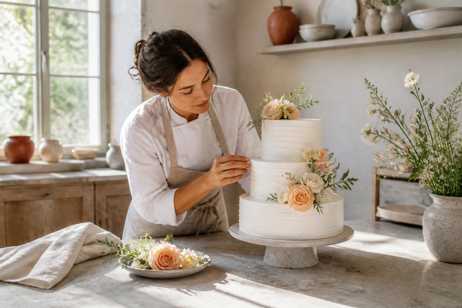 Gâteau de mariage préparé dans un atelier — illustration générée par IA