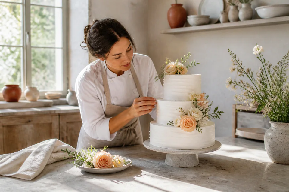 Gâteau de mariage préparé dans un atelier — illustration générée par IA