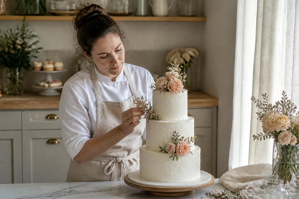 Gâteau de mariage préparé dans un atelier — illustration générée par IA