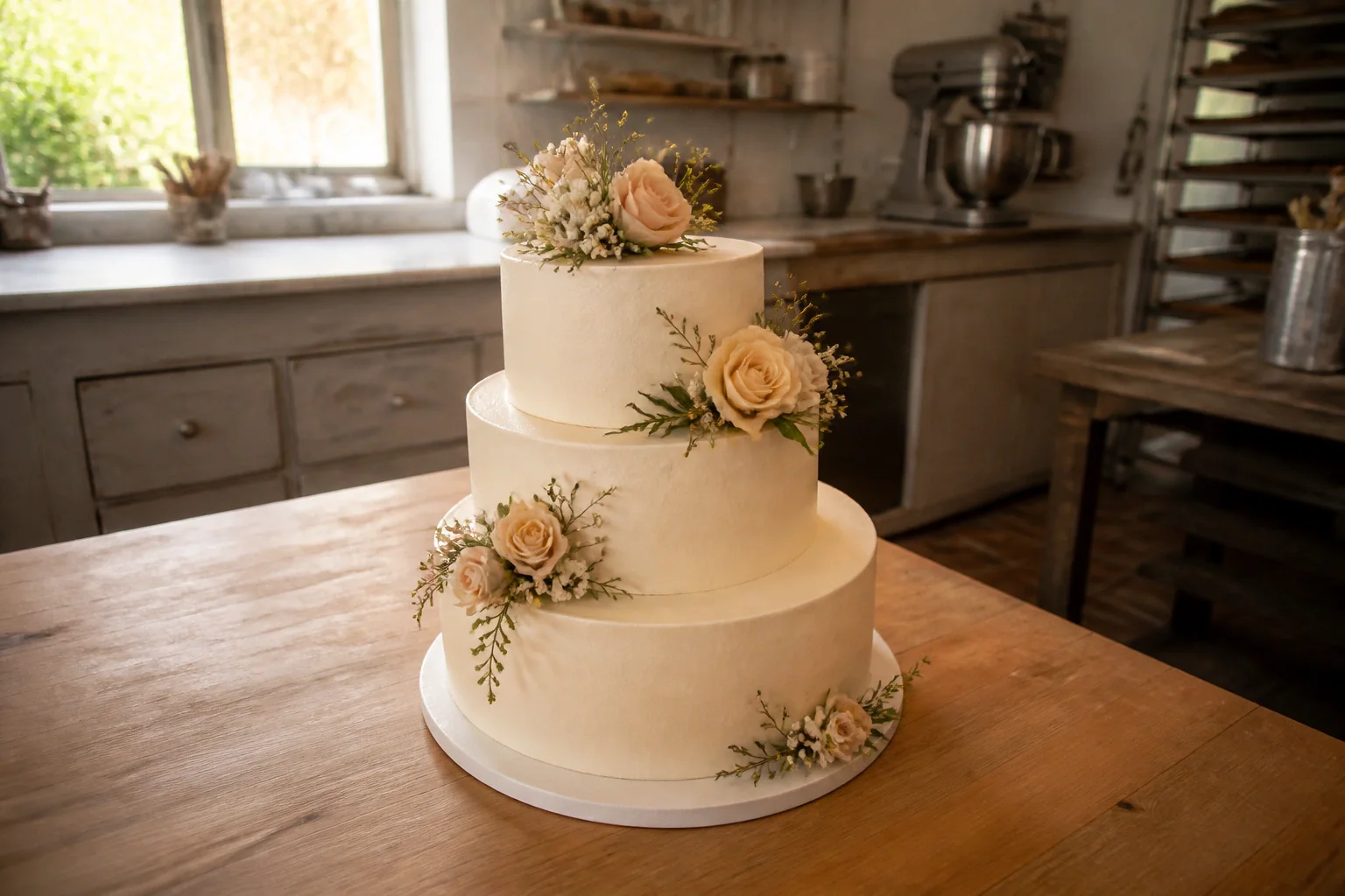 Gâteau de mariage préparé dans un atelier — illustration générée par IA