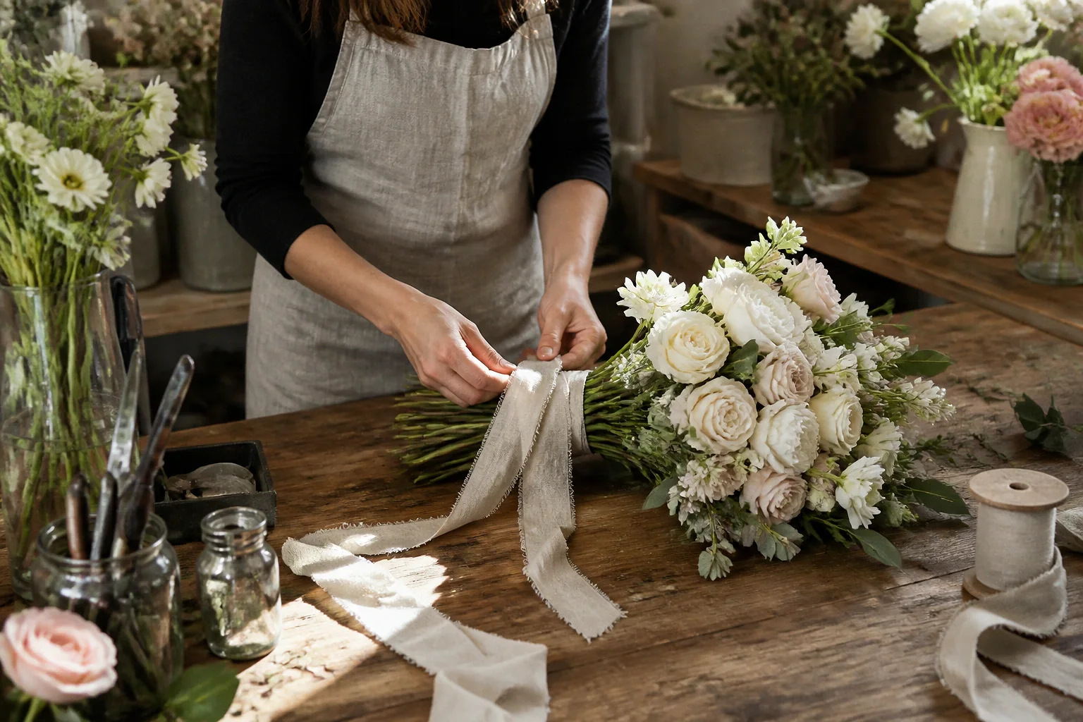 Préparation florale pour un mariage — illustration générée par IA