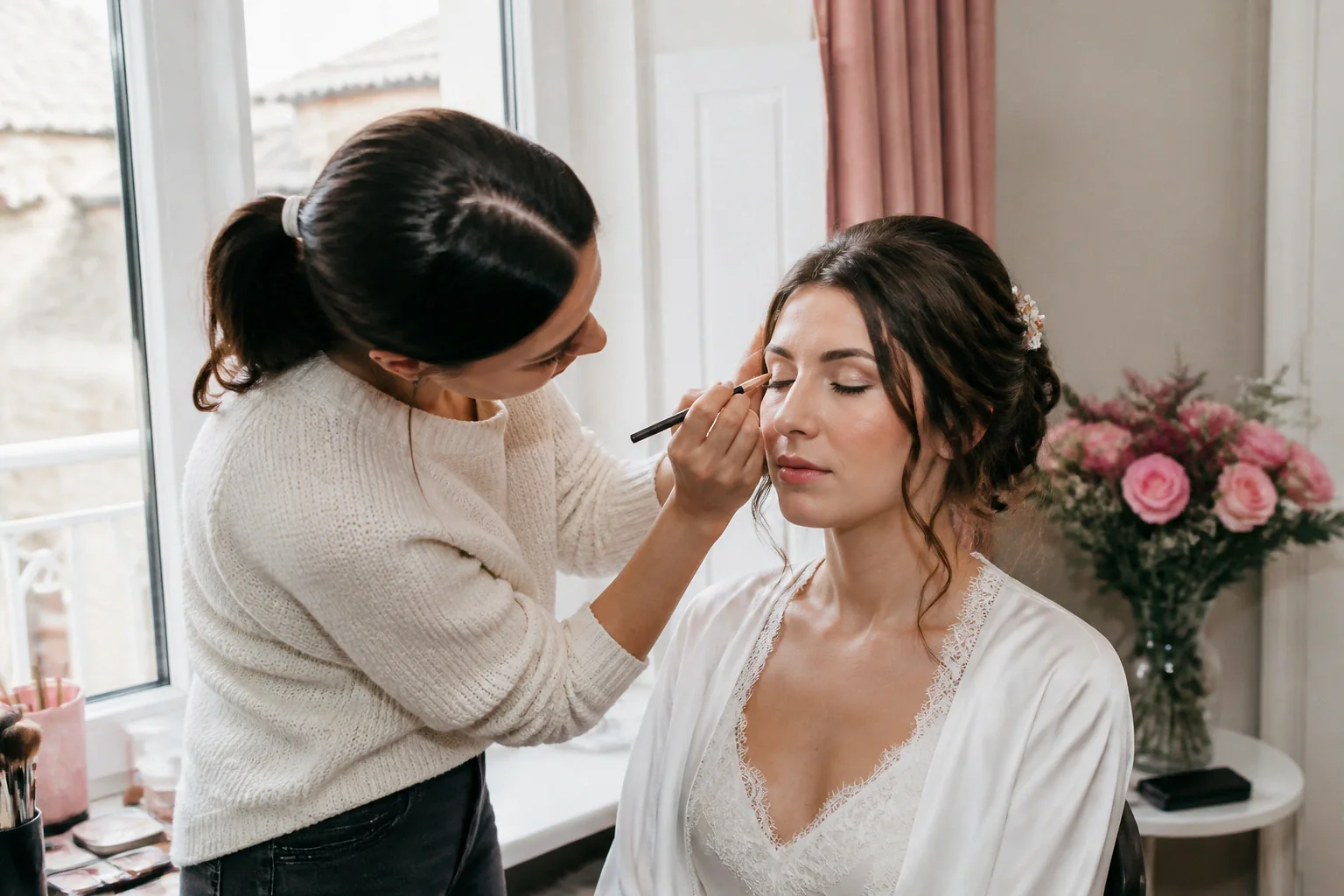 Préparation d’un maquillage de mariage — illustration générée par IA