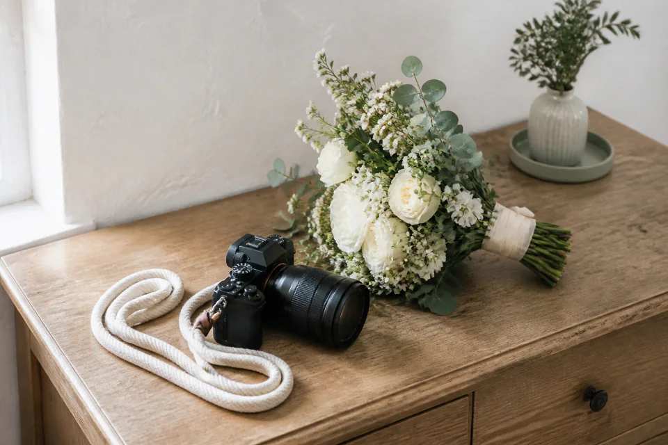 Appareil photo et accessoires de reportage de mariage — illustration générée par IA