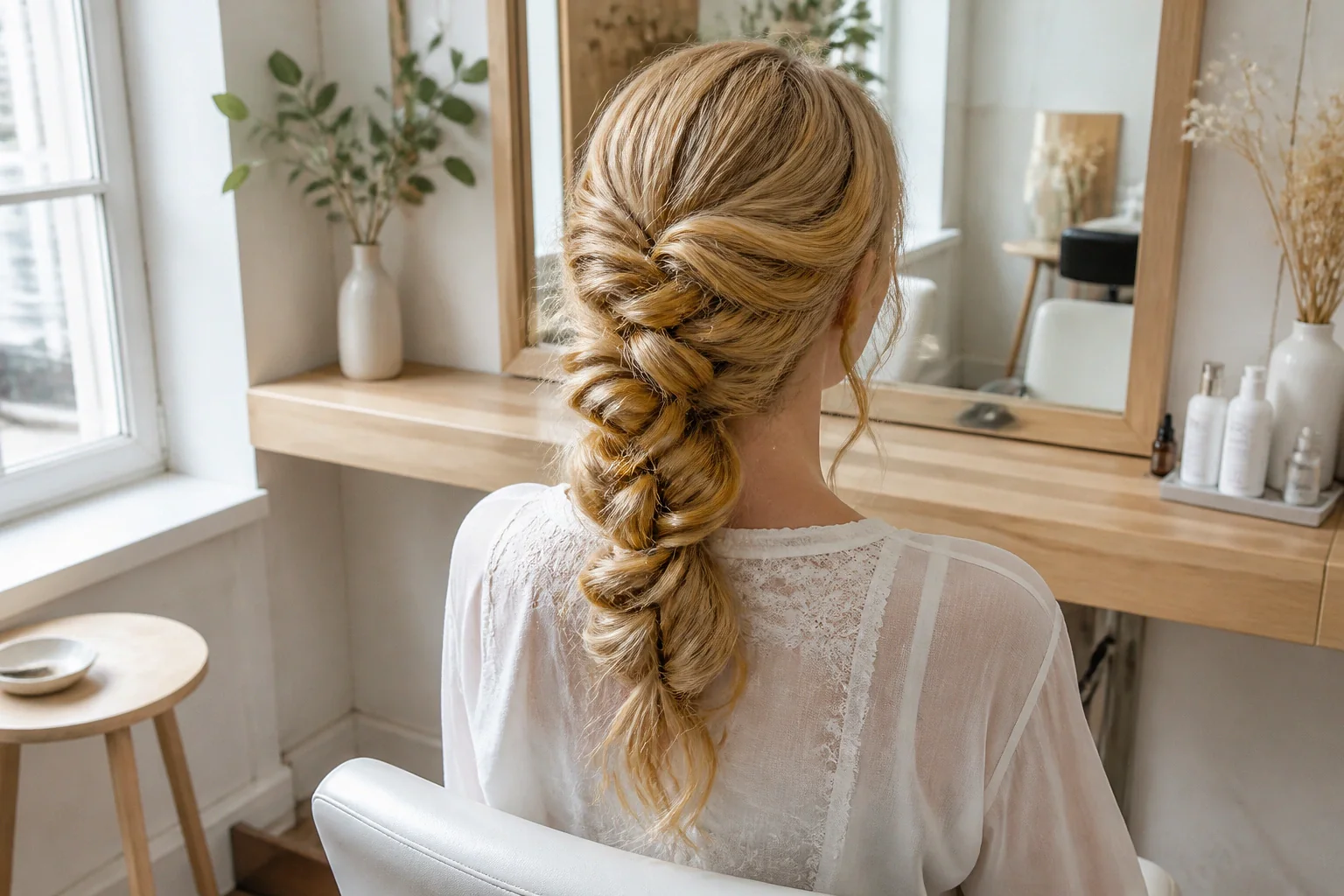 Coiffure de cérémonie vue pendant la préparation — illustration générée par IA