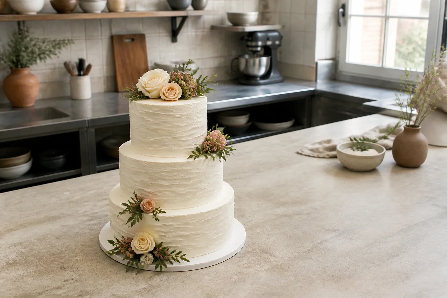 Gâteau de mariage préparé dans un atelier — illustration générée par IA