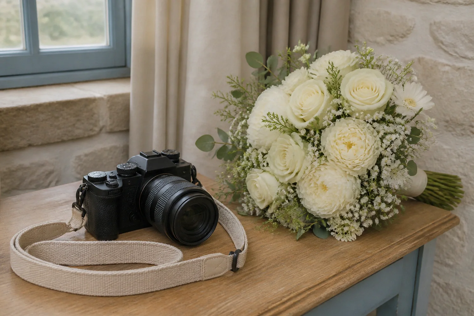 Appareil photo et accessoires de reportage de mariage — illustration générée par IA