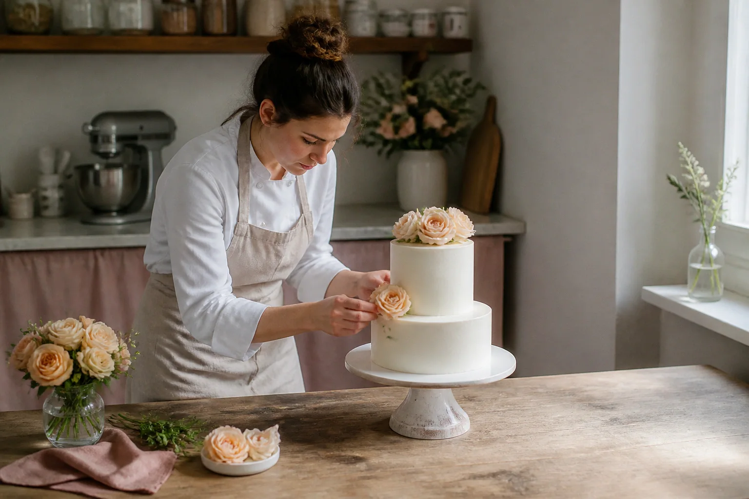 Gâteau de mariage préparé dans un atelier — illustration générée par IA