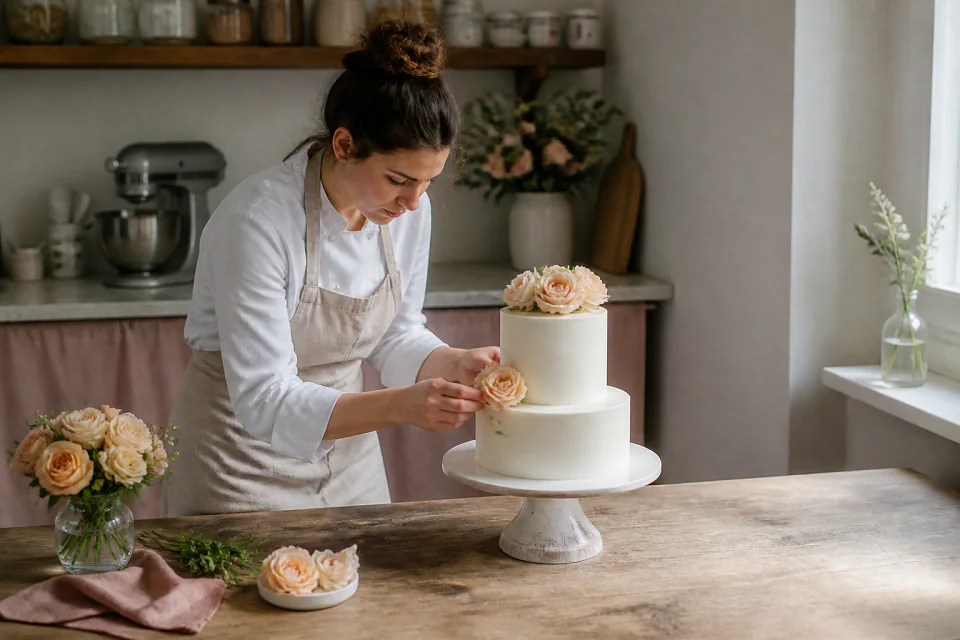 Gâteau de mariage préparé dans un atelier — illustration générée par IA