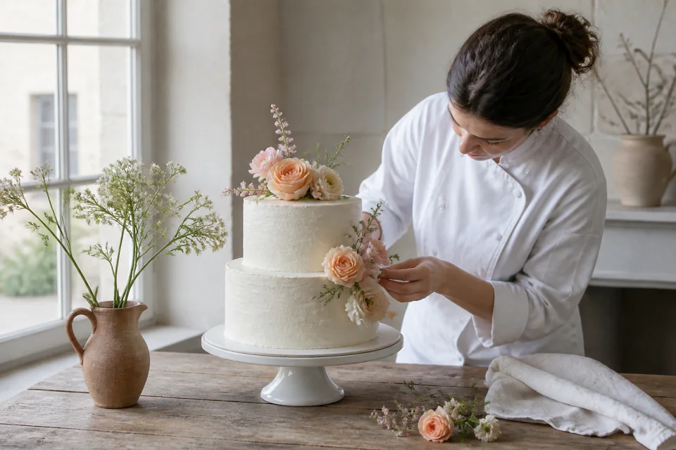 Gâteau de mariage préparé dans un atelier — illustration générée par IA