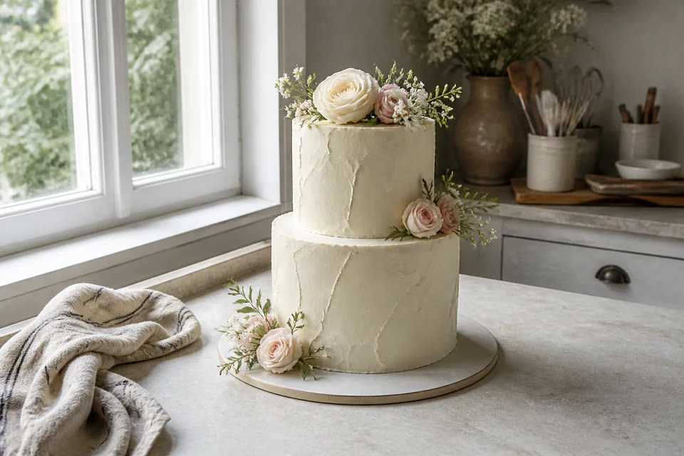 Gâteau de mariage préparé dans un atelier — illustration générée par IA