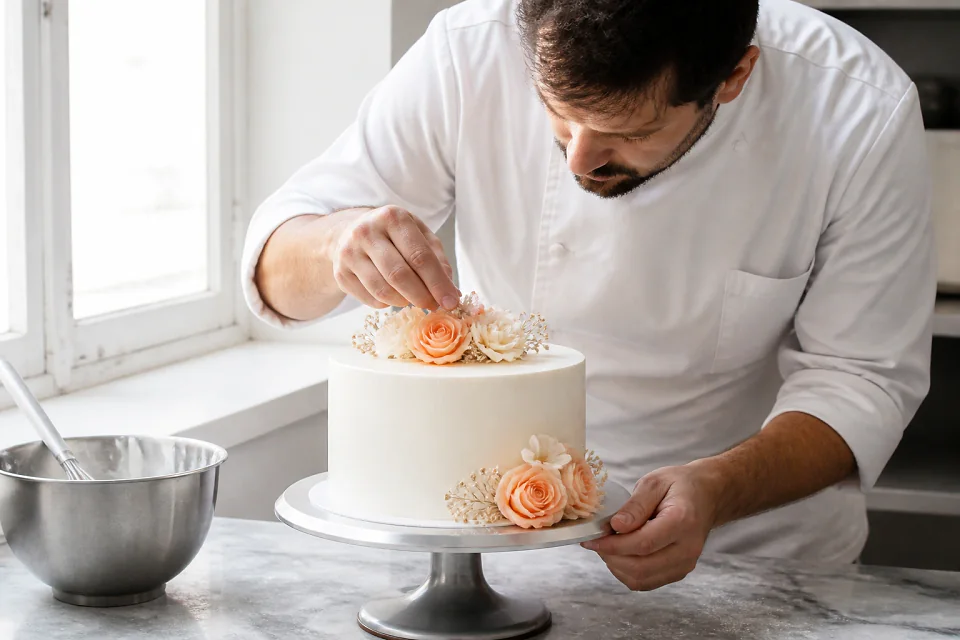 Gâteau de mariage préparé dans un atelier — illustration générée par IA