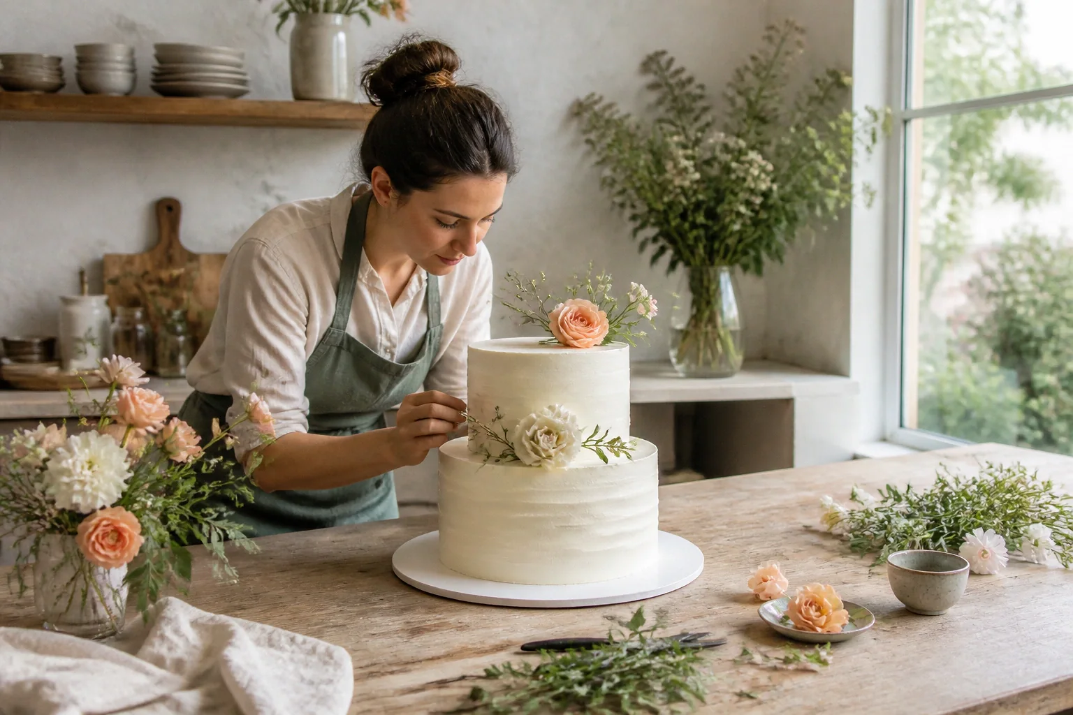 Gâteau de mariage préparé dans un atelier — illustration générée par IA