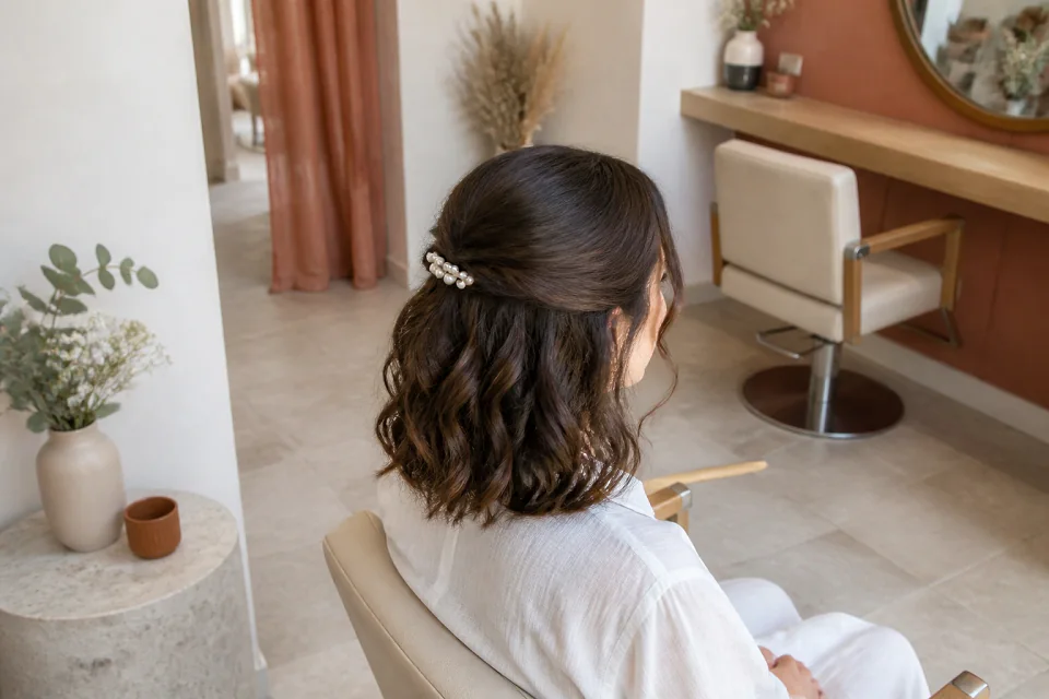 Coiffure de cérémonie vue pendant la préparation — illustration générée par IA