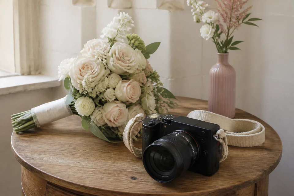 Appareil photo et accessoires de reportage de mariage — illustration générée par IA