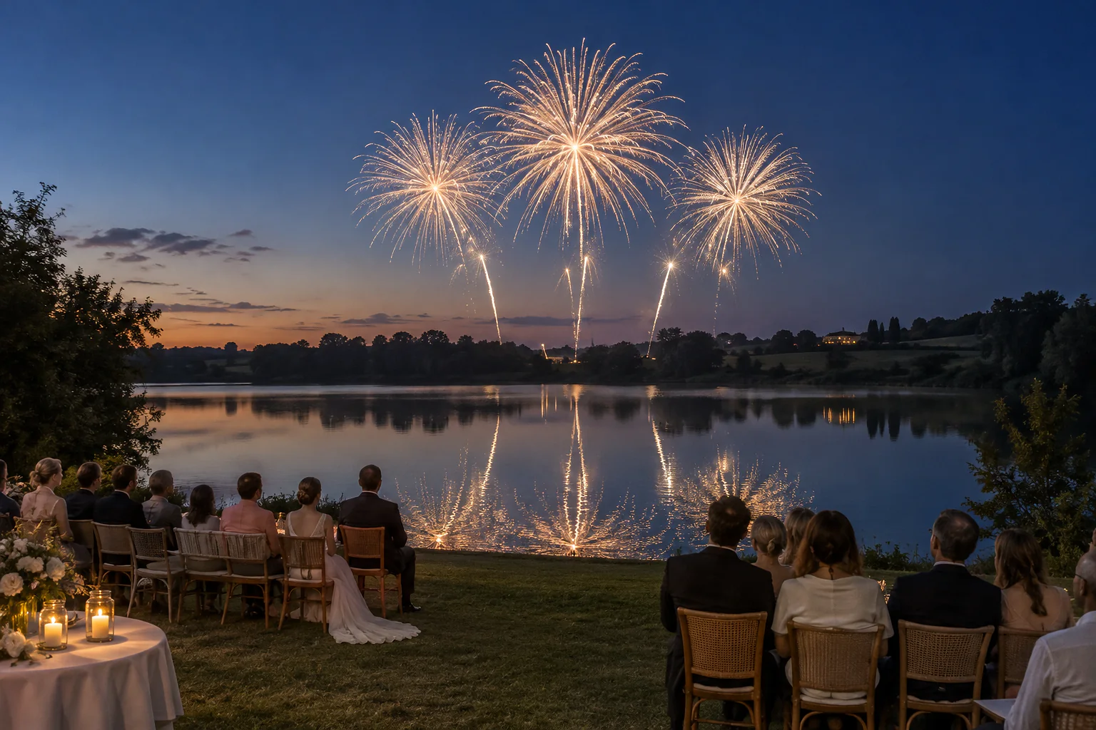 Feu d’artifice argenté et doré reflété dans un étang — illustration générée par IA